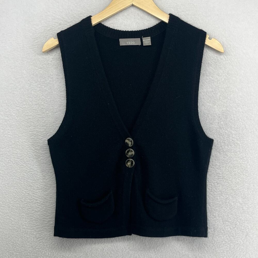 VKOO Sweater Vest L 100% Cashmere V-Neck Button Front Tank Top Black